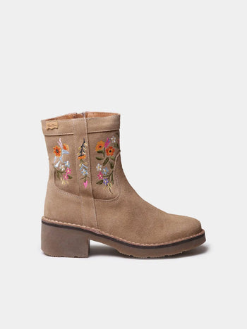 Botines mujer - Botín de mujer en serraje con flores bordadas | MONELLS - Toni Pons